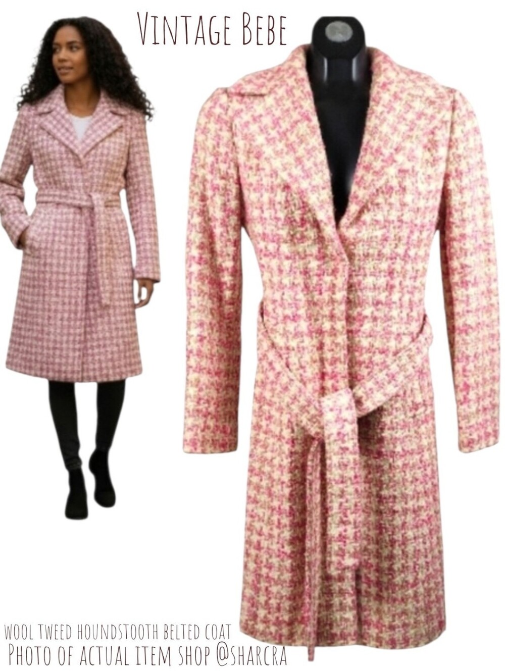 Vintage Bebe Women's wool  tweed houndstooth belted Long coat Cream pink Size XS